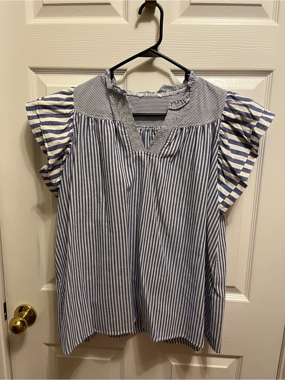 Blue and White Striped Flutter Sleeve Women’s Top